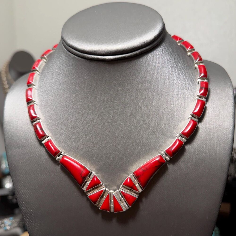 Vintage Taxco Mexico Designer MONTERO 950 Sterling Silver Red Jasper Necklace
